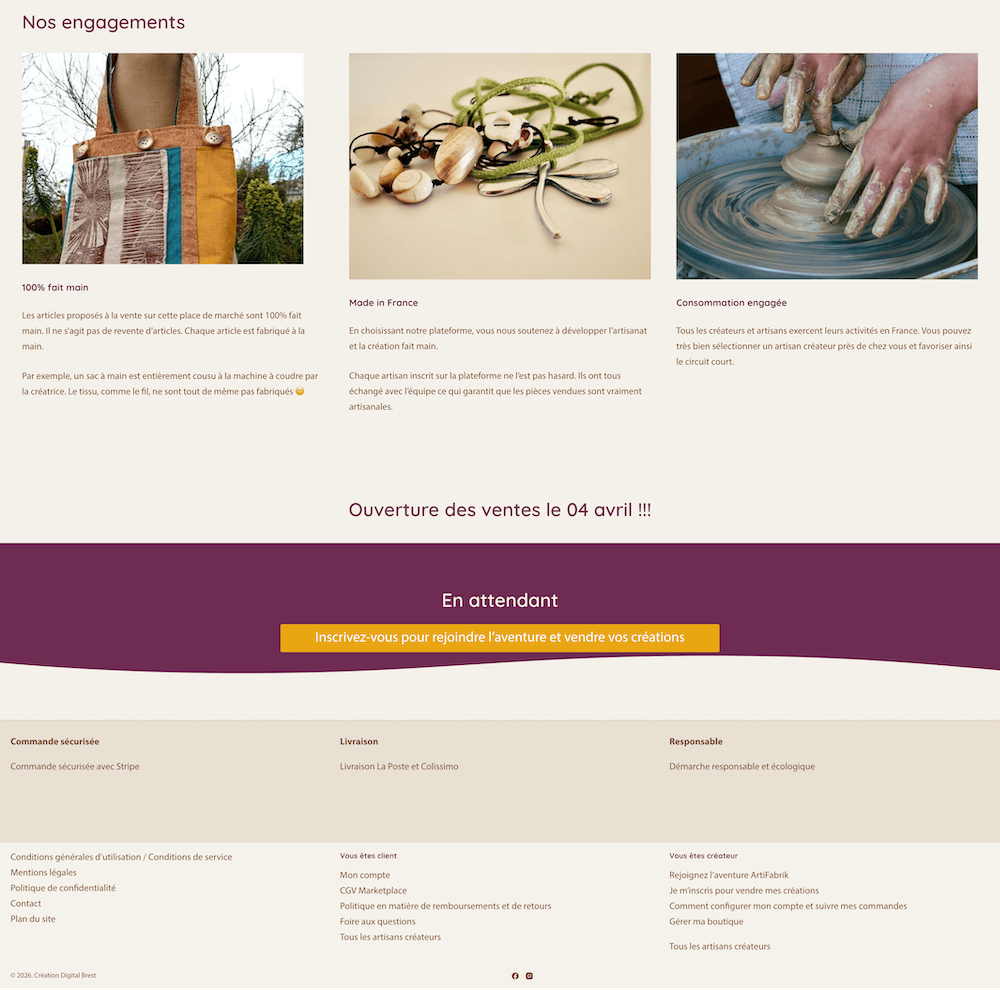 page accueil marketplace artifabrik suite