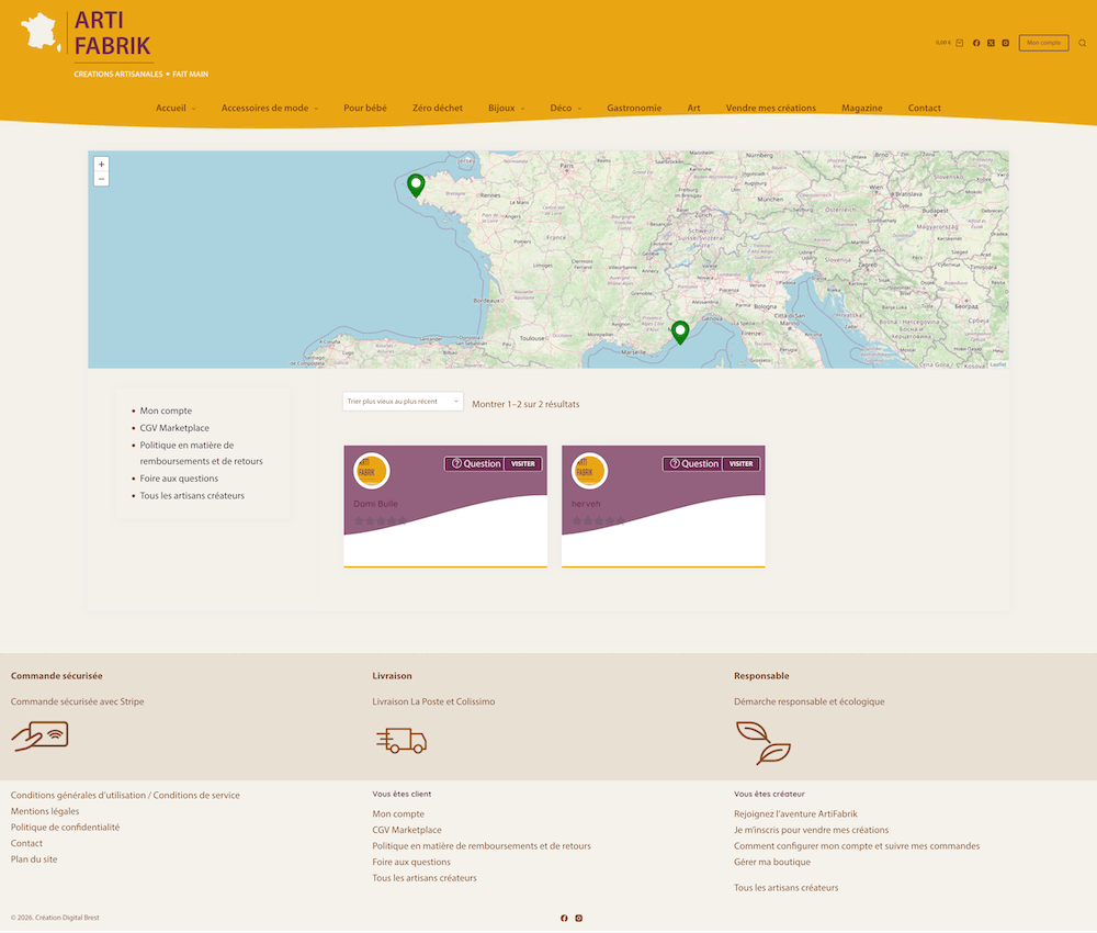 Page des magasin marketplace sous wordpress